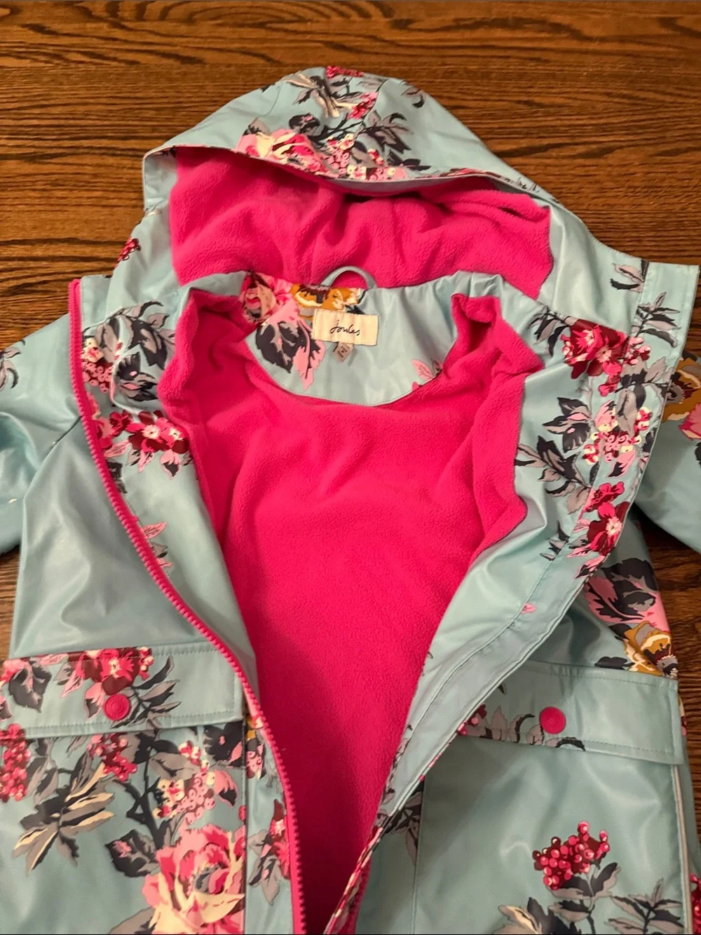 Joules Light Blue Floral Hooded Raincoat with Pink Fleece Lining